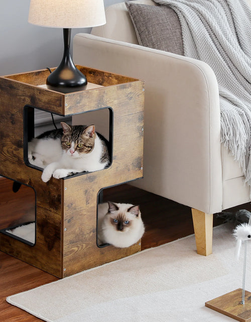 Load image into Gallery viewer, 23" Wood Cat House Furniture for Indoor Cats, Modern Cat Tree Tower Bed with Free Cat Toy, Scratching Pad and Removable Soft Mats, Small Cat Condo, Brown
