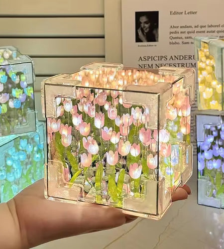 DIY Tulip Mirror Cube Lamp Simulation Flower Bedroom Sleeping Table Lamp Handmade Craft Tulips Mirror Night Light Birthday Gift