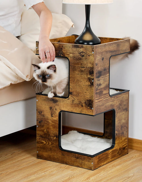 Load image into Gallery viewer, 23" Wood Cat House Furniture for Indoor Cats, Modern Cat Tree Tower Bed with Free Cat Toy, Scratching Pad and Removable Soft Mats, Small Cat Condo, Brown
