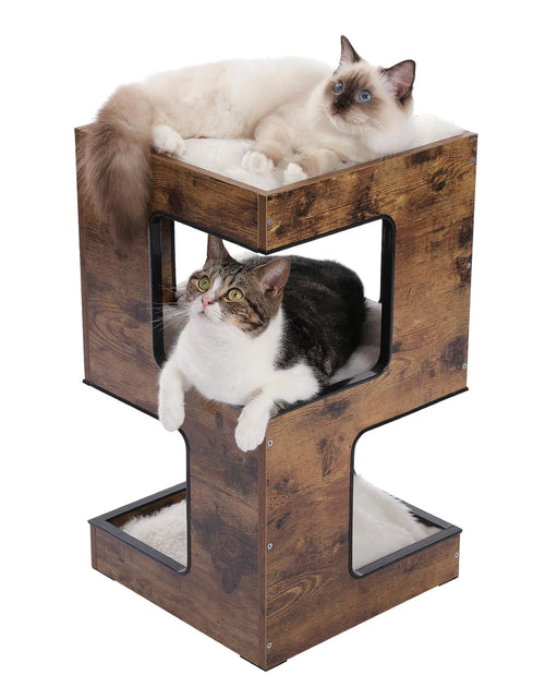 Load image into Gallery viewer, 23" Wood Cat House Furniture for Indoor Cats, Modern Cat Tree Tower Bed with Free Cat Toy, Scratching Pad and Removable Soft Mats, Small Cat Condo, Brown
