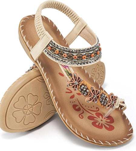 Womens Flats Sandals Summer Gladiator Bohemian Beaded Dress Shoes Comfortable Open Toe Elastic Ankle Strap Slip on Sandal