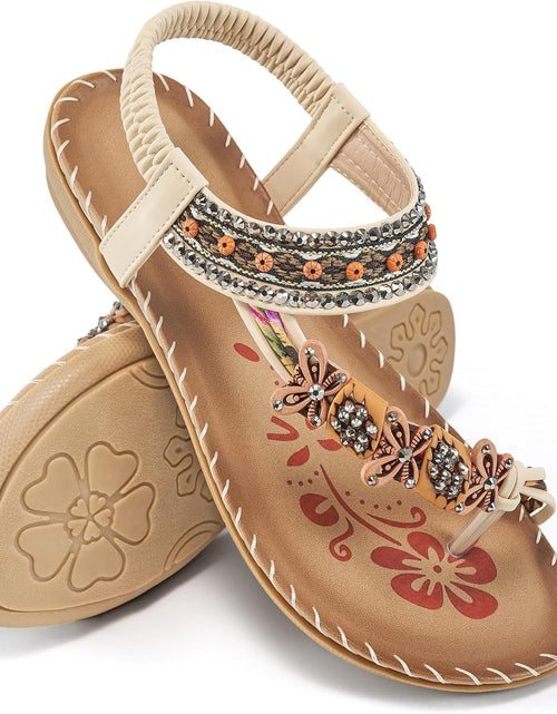 Load image into Gallery viewer, Womens Flats Sandals Summer Gladiator Bohemian Beaded Dress Shoes Comfortable Open Toe Elastic Ankle Strap Slip on Sandal
