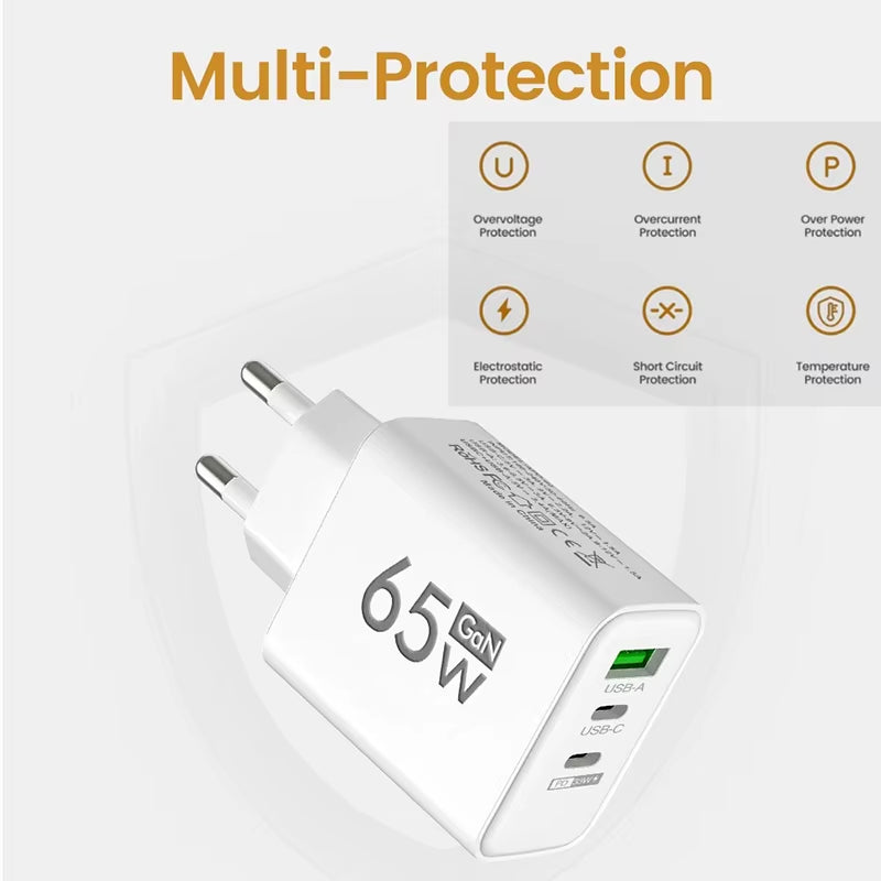 Gan Fast Charging 65W USB Type C Charger EU KR PD 3.0 Quick Charge Wall for Phone Adapter for Iphone 15 Xiaomi Huawei Samsung