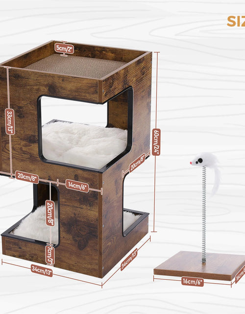 Load image into Gallery viewer, 23" Wood Cat House Furniture for Indoor Cats, Modern Cat Tree Tower Bed with Free Cat Toy, Scratching Pad and Removable Soft Mats, Small Cat Condo, Brown
