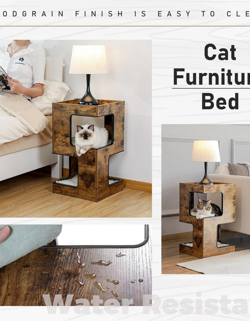 Load image into Gallery viewer, 23" Wood Cat House Furniture for Indoor Cats, Modern Cat Tree Tower Bed with Free Cat Toy, Scratching Pad and Removable Soft Mats, Small Cat Condo, Brown
