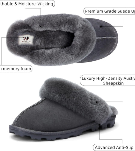 Genuine Australian Sheepskin Women Slippers, Water-Resistant Warm and Fluffy Outdoor House Slippers for Women